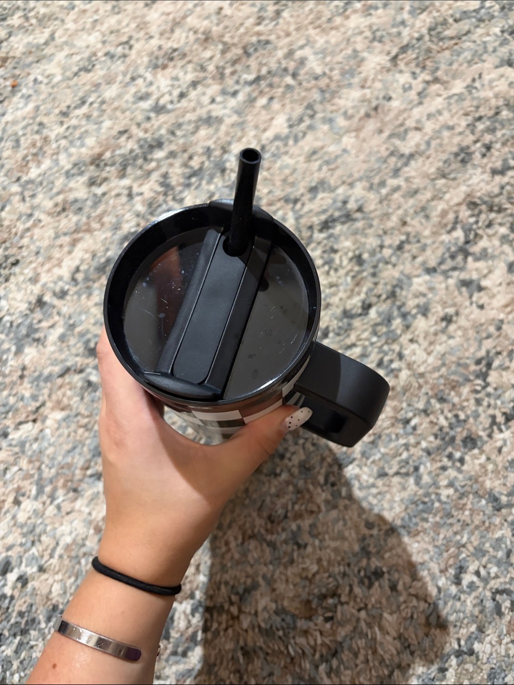 Black & White Checkered Travel Mug with Handle and Straw - Picture 3 of 7
